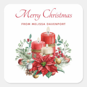 Pretty Candles and Poinsettia Bouquet Christmas Square Sticker