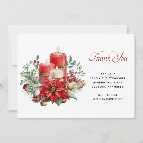 Pretty Candles and Poinsettia Bouquet Christmas Thank You Card