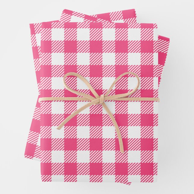 Pretty Candy Pink And White Buffalo Plaid  Wrapping Paper Sheets (In situ)