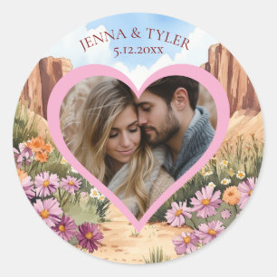 Pretty Canyon Themed Wedding Photo Template Classic Round Sticker