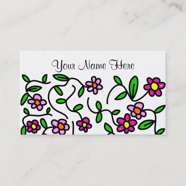 Pretty Cartoon Whimsical Pink Daisy Design Business Card (Front)