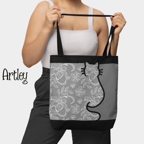 Pretty Cat Black and Grey Floral Lace Cut Out  Tote Bag