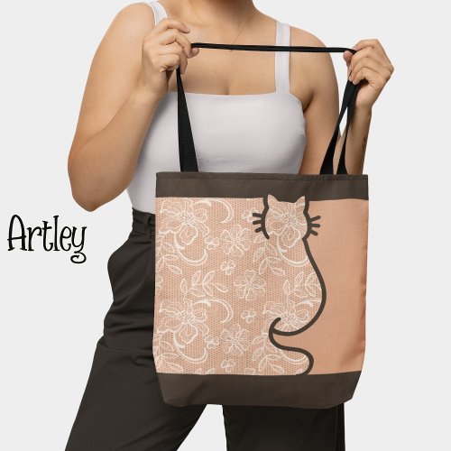 Pretty Cat Brown and Pink Floral Lace Cut Out  Tote Bag