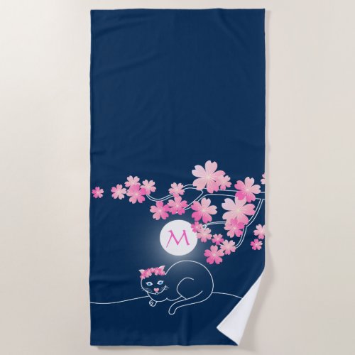 Pretty Cat Cherry Blossoms Blue Night Pink Sakura Beach Towel