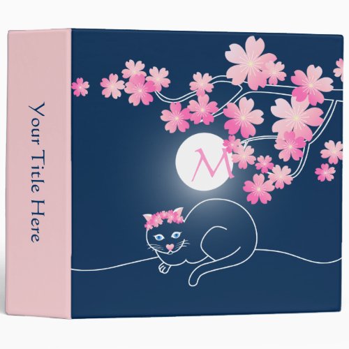 Pretty Cat Cherry Blossoms Moon Pink Sakura Blue 3 Ring Binder