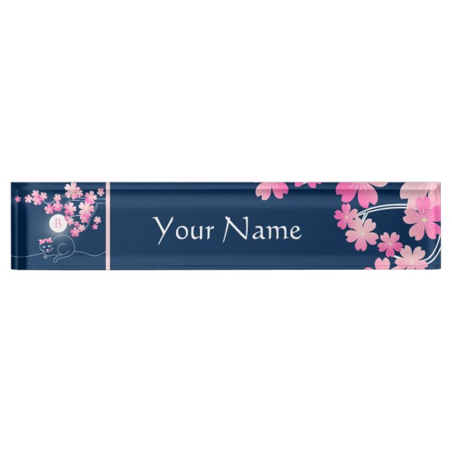 Pretty Cat Cherry Blossoms Moon Pink Sakura Blue Desk Name Plate (Front)