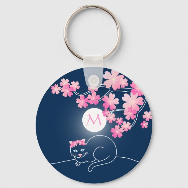 Pretty Cat Cherry Blossoms Moon Pink Sakura Blue Keychain (Front)