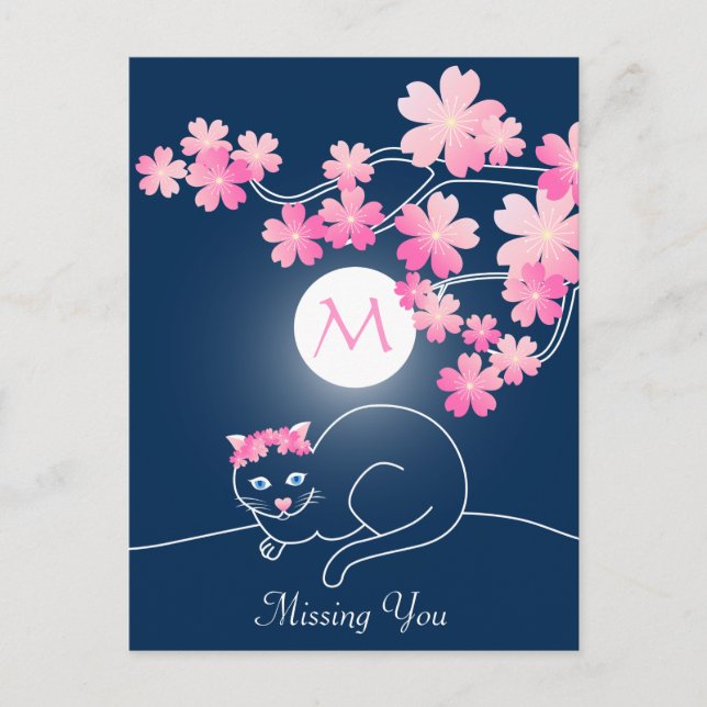 Pretty Cat Cherry Blossoms Moon Pink Sakura Blue Postcard (Front)