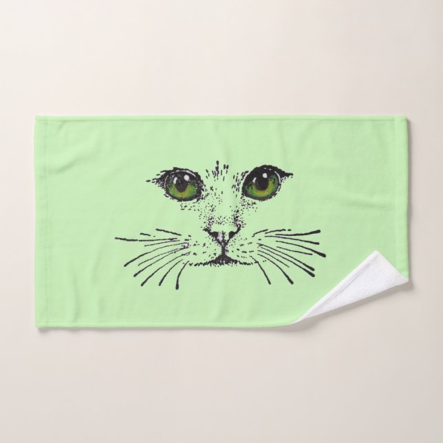 Pretty Cat Face Black Drawing Green eyes Hand Towel (Hand Towel)