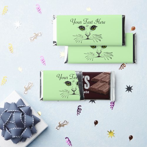 Pretty Cat face Illustration in Black Green eyes Hershey Bar Favors