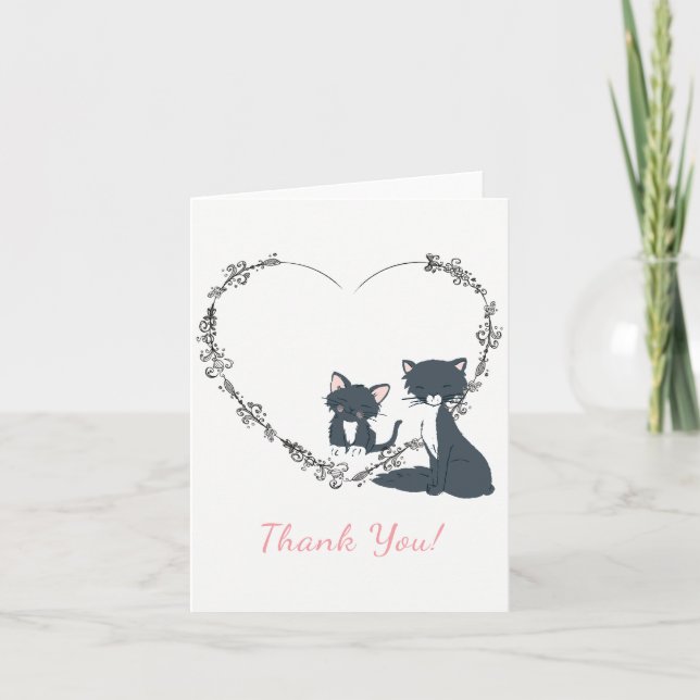 Pretty Cat, Kitten and Flower Heart Thank You Card (Front)