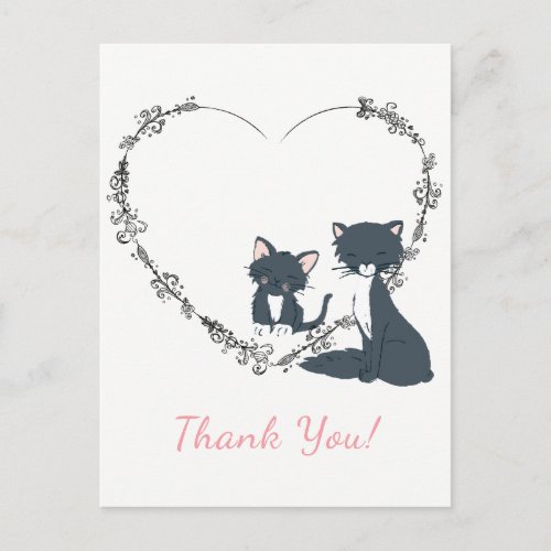 Pretty Cat Kitten and Flower Heart Thank You Postcard