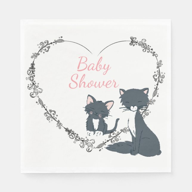 Pretty Cat, Kitten, Flower Heart Girls Baby Shower Napkins (Front)