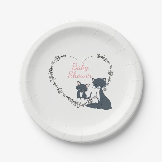 Pretty Cat, Kitten, Flower Heart Girls Baby Shower Paper Plates (Front)