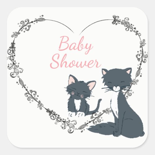 Pretty Cat Kitten Flower Heart Girls Baby Shower Square Sticker