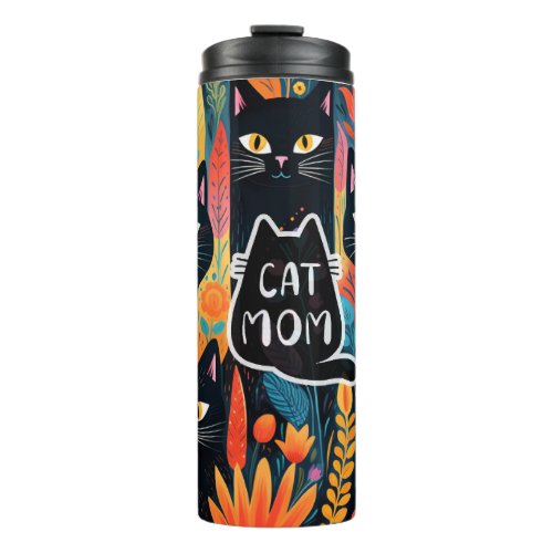 Pretty Cat Mom With Flowers Thermal Tumbler