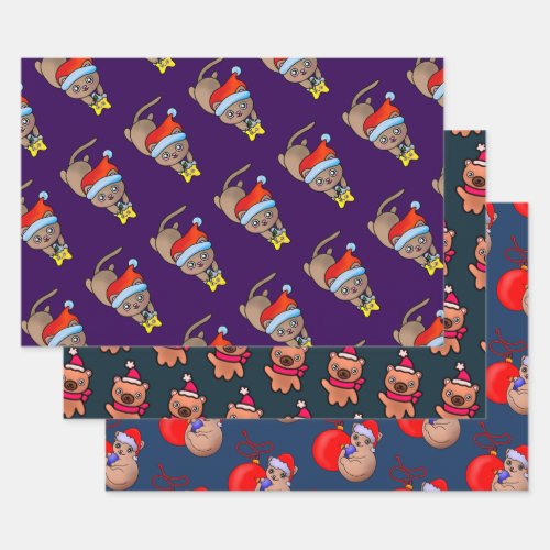 Pretty Cat  Teddy Bear with Santa Xmas Hats Wrapping Paper Sheets