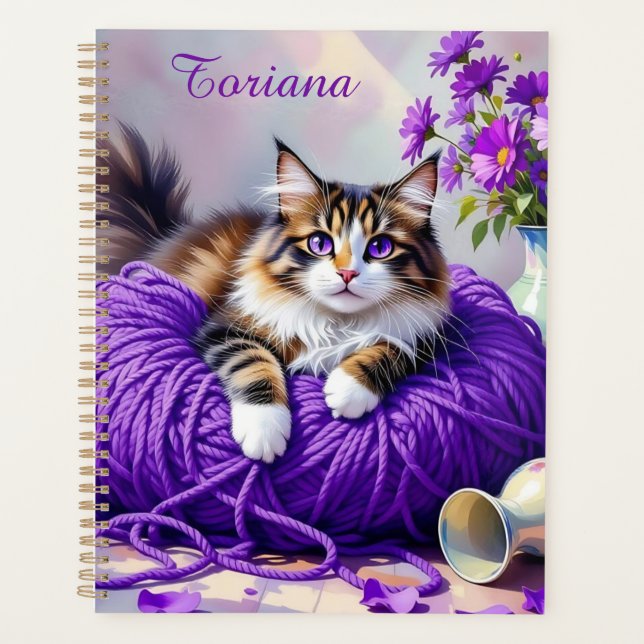 Pretty Cat with Purple Flowers and Yarn   Planner (Front)
