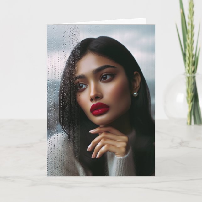 Pretty Caucasian Woman Crying in the Rain Card (Front)