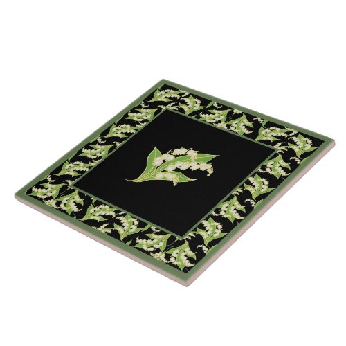 Pretty Ceramic Tile Lilies of the Valley Black Tile