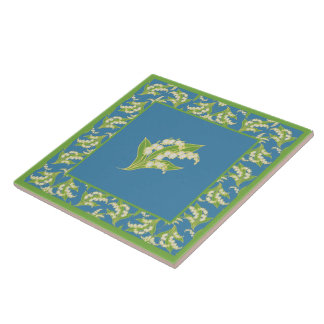 Pretty Ceramic Tile: Lilies of the Valley, Blue Tile