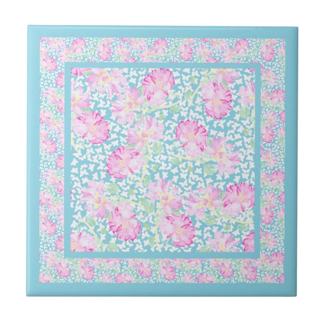 Pretty Ceramic Tile, Pink Roses, White Butterflies Ceramic Tile (Front)