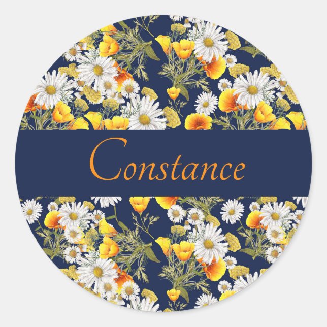 Pretty Chamomile & Poppies Pattern Personalized  Classic Round Sticker (Front)