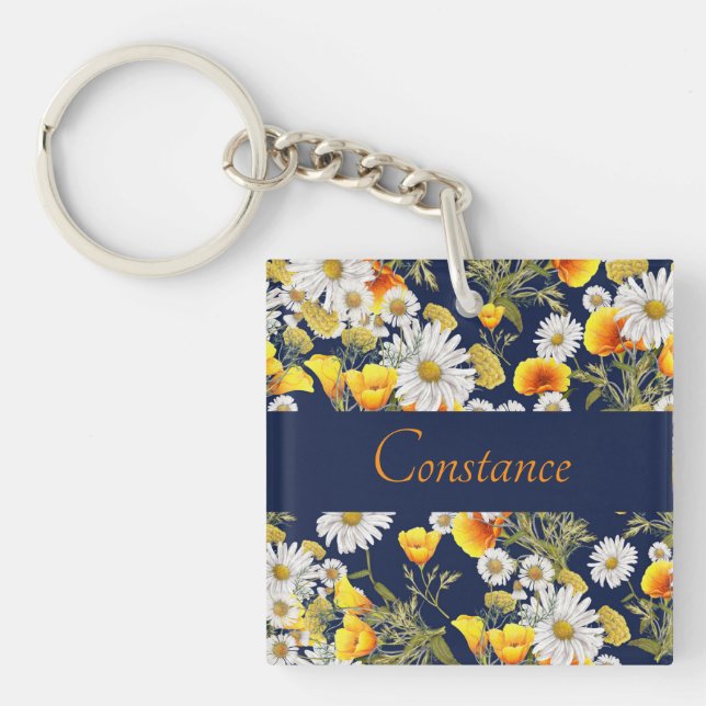 Pretty Chamomile & Poppies Pattern Personalized  Keychain (Front)