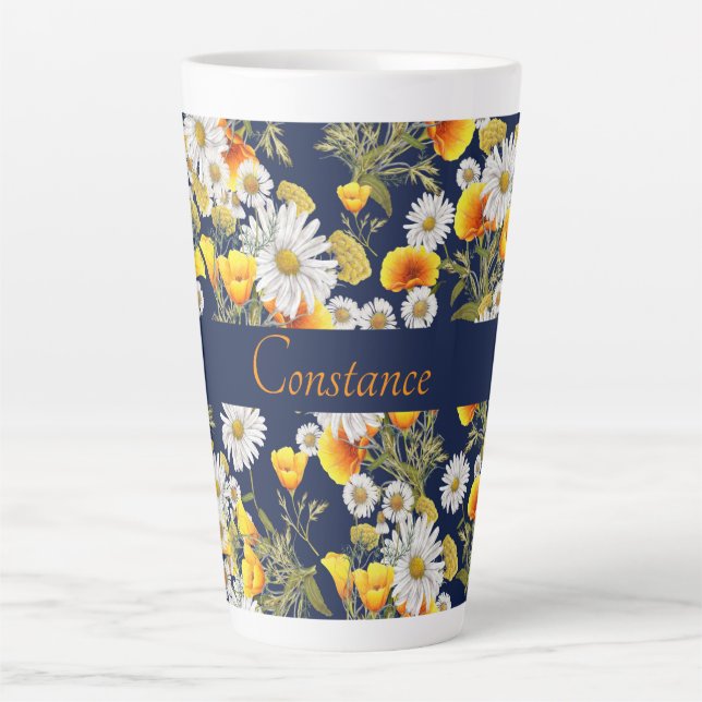 Pretty Chamomile & Poppies Pattern Personalized  Latte Mug (Front)