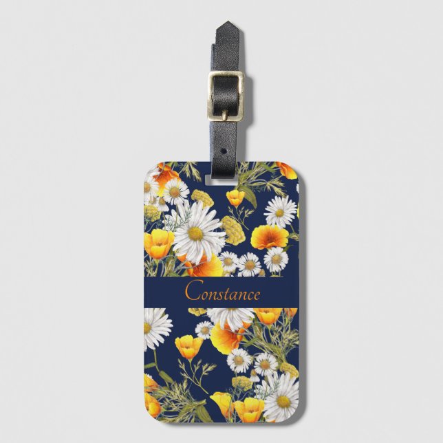Pretty Chamomile & Poppies Pattern Personalized  Luggage Tag (Front Vertical)