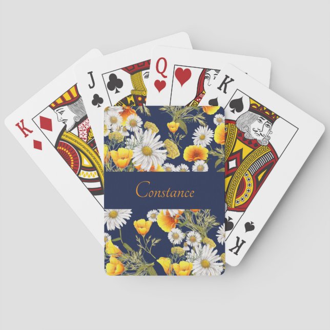 Pretty Chamomile & Poppies Pattern Personalized  Poker Cards (Back)