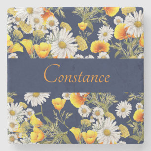 Pretty Chamomile & Poppies Pattern Personalized  Stone Coaster
