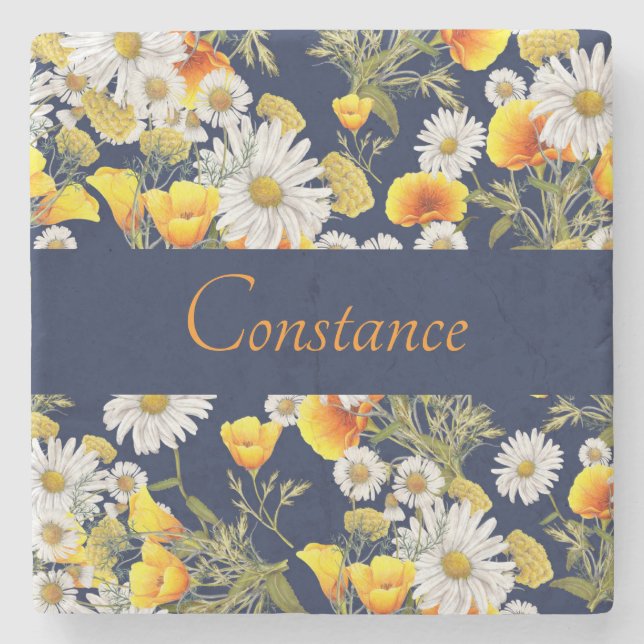 Pretty Chamomile & Poppies Pattern Personalized  Stone Coaster (Front)
