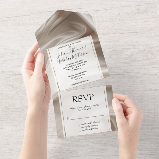 Pretty Champagne Gold Romantic Faux Satin Wedding All In One Invitation (Tearaway)