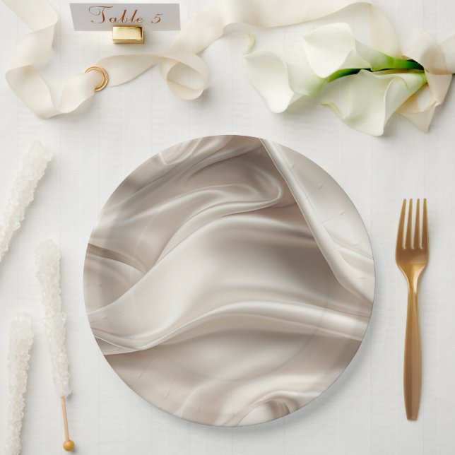 Pretty Champagne Gold Romantic Faux Satin Wedding Paper Plates (Wedding)