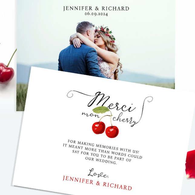 Pretty Cherries Red White Rustic Wedding Photo Thank You Card (Creator Uploaded)