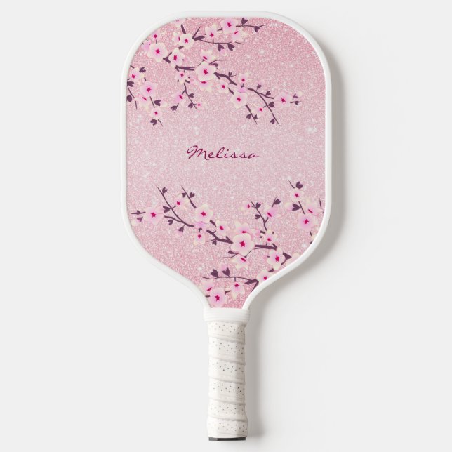Pretty Cherry Blossom Pink Glitter Monogram Floral Pickleball Paddle (Front)