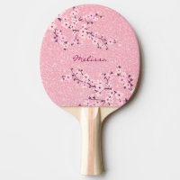 Pretty Cherry Blossom Pink Glitter Monogram Floral Ping Pong Paddle