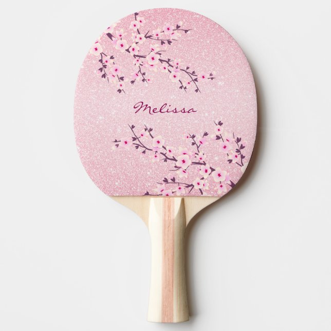Pretty Cherry Blossom Pink Glitter Monogram Floral Ping Pong Paddle (Front)