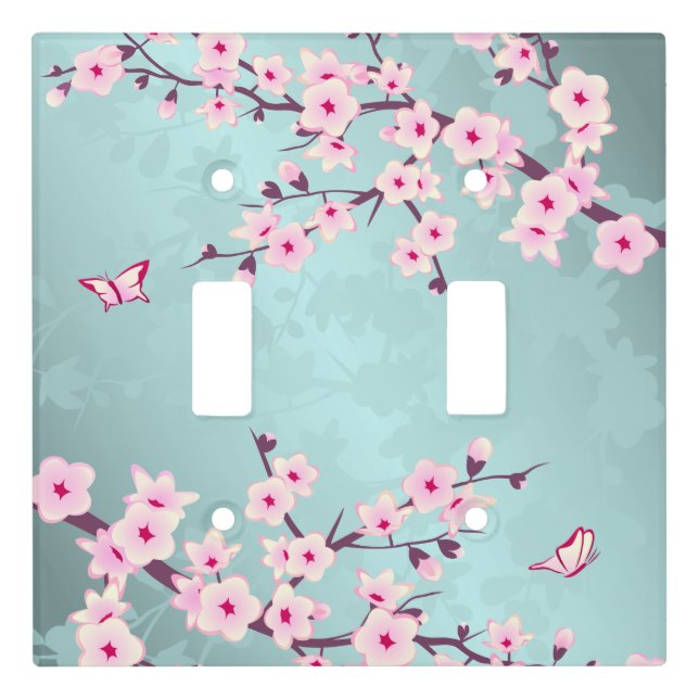 Pretty Cherry Blossom Pink Turquoise Floral Light Switch Cover (Front)