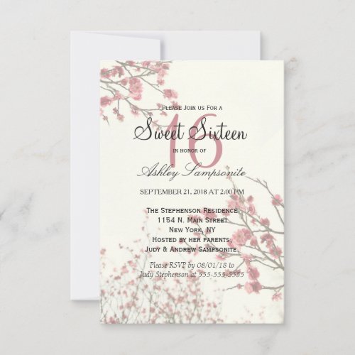 Pretty Cherry Blossom Trees on Elegant White Invitation