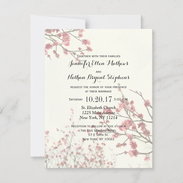 Pretty Cherry Blossom Trees on Elegant White Invitation (Front)