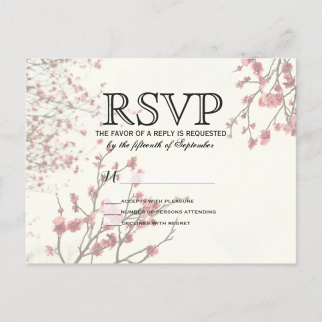 Pretty Cherry Blossom Trees on Elegant White Invitation Postcard (Front)