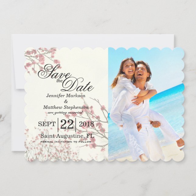 Pretty Cherry Blossom Trees on Elegant White Save The Date (Front)
