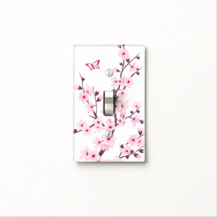 Pretty Cherry Blossoms Butterfly Pink White Light Switch Cover