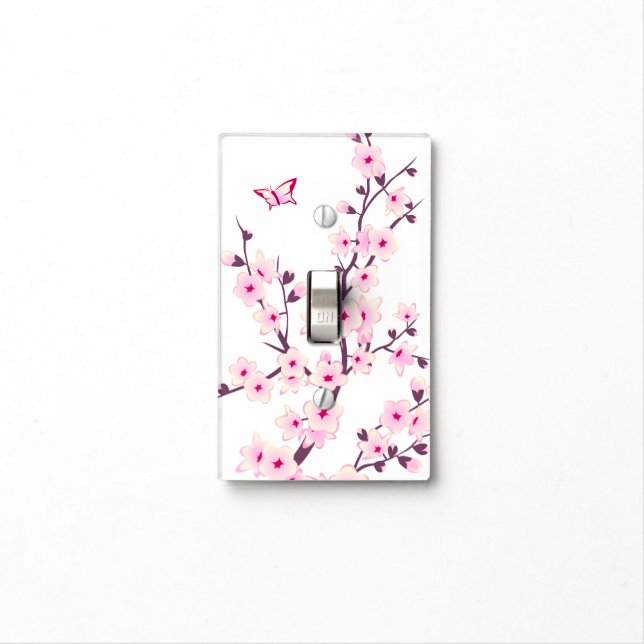 Pretty Cherry Blossoms Butterfly Pink White Light Switch Cover (In Situ)