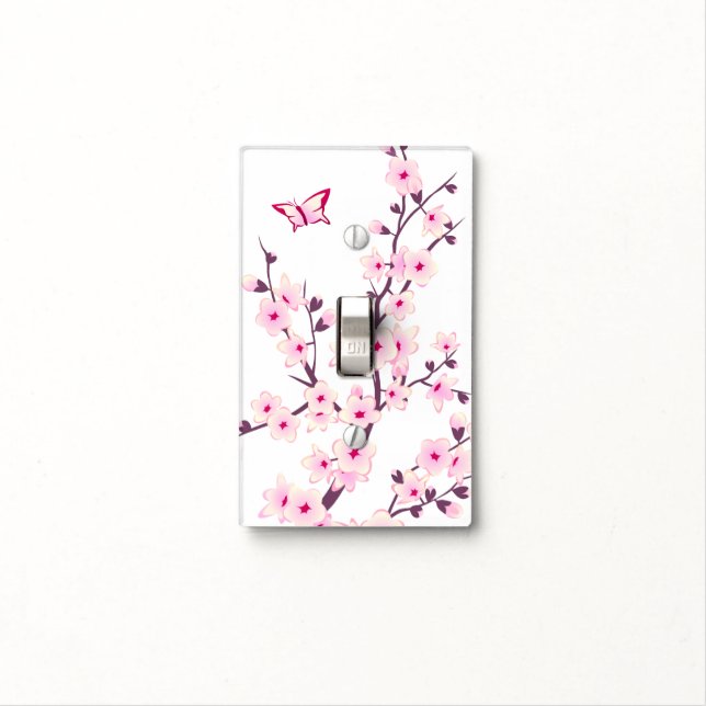 Pretty Cherry Blossoms Butterfly Pink White Light Switch Cover (In Situ)