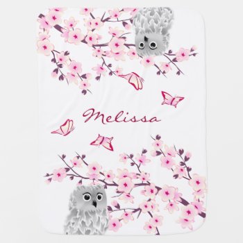 Pretty Cherry Blossoms Monogram Cute Owls Swaddle Blanket by NinaBaydur at Zazzle