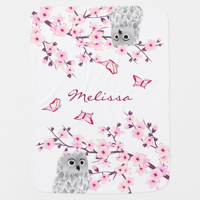 Pretty Cherry Blossoms Monogram Cute Owls Swaddle Blanket (Front)