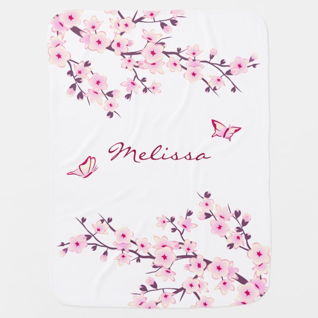 Pretty Cherry Blossoms Monogram Receiving Blanket (Front)